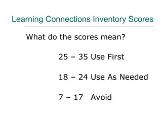 Learning Connections Inventory Scores

   What do the scores mean?

            25 – 35 Use First

            18 – 24 Use As Needed

            7 – 17 Avoid
 