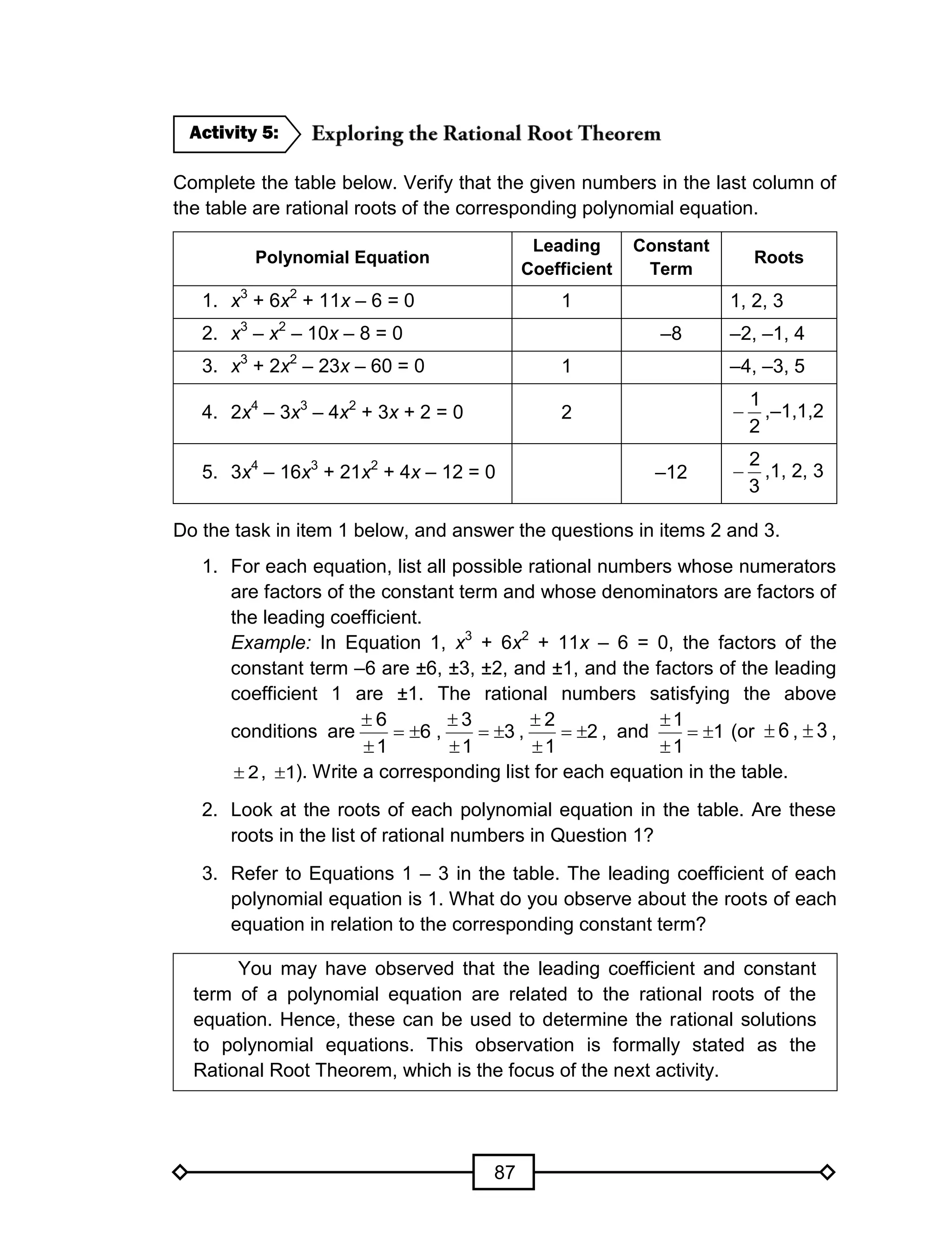 87
Complete the table below. Verify that the given numbers in the last column of
the table are rational roots of the corresponding polynomial equation.
Polynomial Equation
Leading
Coefficient
Constant
Term
Roots
1. x3
+ 6x2
+ 11x – 6 = 0 1 1, 2, 3
2. x3
– x2
– 10x – 8 = 0 –8 –2, –1, 4
3. x3
+ 2x2
– 23x – 60 = 0 1 –4, –3, 5
4. 2x4
– 3x3
– 4x2
+ 3x + 2 = 0 2
2
1
 ,–1,1,2
5. 3x4
– 16x3
+ 21x2
+ 4x – 12 = 0 –12
3
2
 ,1, 2, 3
Do the task in item 1 below, and answer the questions in items 2 and 3.
1. For each equation, list all possible rational numbers whose numerators
are factors of the constant term and whose denominators are factors of
the leading coefficient.
Example: In Equation 1, x3
+ 6x2
+ 11x – 6 = 0, the factors of the
constant term –6 are ±6, ±3, ±2, and ±1, and the factors of the leading
coefficient 1 are ±1. The rational numbers satisfying the above
conditions are 6
1
6



, 3
1
3



, 2
1
2



, and 1
1
1



(or 6 , 3 ,
2 , 1 ). Write a corresponding list for each equation in the table.
2. Look at the roots of each polynomial equation in the table. Are these
roots in the list of rational numbers in Question 1?
3. Refer to Equations 1 – 3 in the table. The leading coefficient of each
polynomial equation is 1. What do you observe about the roots of each
equation in relation to the corresponding constant term?
You may have observed that the leading coefficient and constant
term of a polynomial equation are related to the rational roots of the
equation. Hence, these can be used to determine the rational solutions
to polynomial equations. This observation is formally stated as the
Rational Root Theorem, which is the focus of the next activity.
Activity 5:
 