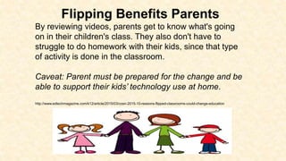 Flipping Benefits Parents
By reviewing videos, parents get to know what's going
on in their children's class. They also don't have to
struggle to do homework with their kids, since that type
of activity is done in the classroom.
Caveat: Parent must be prepared for the change and be
able to support their kids’ technology use at home.
http://www.edtechmagazine.com/k12/article/2015/03/cosn-2015-10-reasons-flipped-classrooms-could-change-education
 