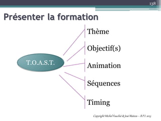Présenter la formation
138
T.O.A.S.T.
Thème
Objectif(s)
Animation
Séquences
Timing
Copyright Michel Fauchié & José Mateos – B.P.I. 2013
 