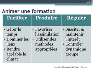 Animer une formation
142
Faciliter Produire Réguler
• Gérer le
temps
• Dominer les
lieux
• Rendre
agréable le
climat
• Favoriser
l’assimilation
• Utiliser des
méthodes
appropriées
• Susciter &
maintenir
l’intérêt
• Contrôler
dynamique
groupe
Copyright Michel Fauchié & José Mateos – B.P.I. 2013
 
