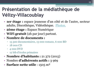 Présentation de la médiathèque de
Vélizy-Villacoublay
• 1er étage : espace jeunesse d’un côté et de l’autre, secteur
adulte, Discothèque, Vidéothèque. Photos.
• 2ème étage : Espace Numérique
• WiFi gratuit (2h par jour) partout.
• Nombre de documents :
▫ 15 500 documentaires, 13 000 romans, 6 000 BD
▫ 18 000 CD
▫ 4 000 DVD
▫ 12 bib d’écoles primaires
• Nombre d’habitants : 21 372 (2015)
• Nombre d’adhérents actifs : 3 969
• Surface nette utile : 1505 m²
15
 
