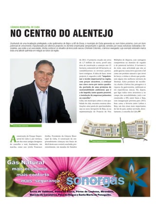 NO CENTRO DO ALENTEJO
CÂMARA MUNICIPAL DE CUBA
Usufruindo de uma localização privilegiada, a dez quilómetros de Beja e a 60 de Évora, o município de Cuba apresenta-se, num futuro próximo, com um bom
potencial de crescimento, impulsionado por diversos projectos no domínio empresarial, aeroportuário e agrícola, servidos por novas estruturas rodoviárias e fer-
roviárias, que estão a ser executadas. Venha conhecer os desafios da terra onde nasceu Cristóvão Colombo, o famoso navegador, cujo exemplo visionário marca
toda uma atitude optimista em relação ao futuro da região.
A
construção do Parque Empre-
sarial de Cuba é, por ventura,
um dos mais antigos desígnios
do concelho e está, finalmente, em
marcha, como nos revela Francisco
Orelha, Presidente da Câmara Muni-
cipal de Cuba. A construção do em-
preendimento começou nos finais de
Abril deste ano e estará concluída, pre-
visivelmente, em meados de Outubro
Francisco Orelha, edil de Cuba
de 2011. O projecto, orçado em cerca
de 1,7 milhões de euros, prevê uma
área de construção a começar nos 15
hectares, extensível até 40 hectares, se
contabilizarmos os terrenos particu-
lares contíguos. A ideia de base, neste
projecto, é, segundo o edil, “impulsio-
nar o tecido empresarial na região,
com preços atractivos, a começar
nos cinco euros por metro quadra-
do, partindo de uma premissa de
sustentabilidade ambiental, que é
a de impedir, tanto quanto possível,
a instalação de empresas poluentes
no concelho”.
Cuba, um município calmo e com qua-
lidade de vida, encontra noutras idea-
lizações uma janela de oportunidades,
seja no novo Aeroporto de Beja, ou na
implementação do Projecto de Fins
Múltiplos de Alqueva, com vantagens
competitivas no domínio do regadio
e do potencial turístico. O turismo é,
de resto, uma actividade que não se
pode ignorar, numa terra que tem o Sol
como um produto natural e que serve
de berço a vinhas e olivais que produ-
zem alguns dos melhores néctares do
Alentejo. Estes produtos de excelên-
cia, aliados à beleza das paisagens e à
riqueza da gastronomia, sublimam-se
em experiências únicas. Há, depois,
que ligar todos estes atractivos e, no
campo das acessibilidades, está a ser
construído o IP8, entre Sines e Beja,
com inauguração prevista para 2013,
bem como a ferrovia entre Lisboa e
Beja, um dos eixos mais importantes
do Sul do país, ambos servindo, direc-
tamente, o concelho de Cuba.
Parque Empresarial de Cuba
 