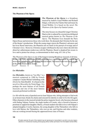 DEPED COPY
MUSIC  Quarter IV
166
The Phantom of the Opera
The Phantom of the Opera is a broadway
musical by Andrew Lloyd Webber and Richard
Stilgoe, with lyrics by Charles Hart and music by
Lloyd Webber. It is based on the novel The
Phantom of the Opera by Gaston Leroux.
The story focuses on a beautiful singer Christine
Daaé as she is seduced bya mysterious disfigured
musical genius known as The Phantom of the
Opera. The Phantom lives beneath the Paris
Opera House and terrorizes those who work there. He demands that Christine be the star
of the theater’s productions. When the young singer rejects the Phantom’s advances and
her lover Raoul intervenes, the Phantom sets no limits in his pursuit of revenge and of
Christine’s love. However, Christine escapes with Raoul to the roof, where she tells him
about her subterranean rendezvous with the Phantom. Raoul is skeptical but swears to
love and to protect her always, as demonstrated in their song All I Ask of You.
The Phantom of the Opera is one of the longest-running Broadway musicals of all time.
At the 1988 Tony Awards, the Broadway production was nominated for 11 awards and
won seven, includingthe coveted Best Musical award. The musical also won seven awards
at the 1988 Drama Desk Awards.
Les Misérables
Les Misérables, known as “Les Mis,” is a
musical composed in 1980 by French
composer Claude-Michel Schönberg with
libretto byAlain Boublil. It is based on the
novel Les Miserables by Victor Hugo. It is
perhaps the most famous of all French
musicals and one of the most famous
musicals performed worldwide.
Les Mis tells the story of paroled convict Jean Valjean who, failing attempts to find work
as an honest man, breaks his chains and conceals his identityin order to live his life again.
Other characters in the musical include the police inspector Javert, who becomes obsessed
with finding Valjean; Fantine, the single mother of Cosette, who is forced to become a
prostitute to support her daughter; Marius, aFrench student who falls in love with Valjean’s
adopted daughter, Cosette; Eponine, the young daughter of the Thénardiers who falls in
love with Marius; the Thénardiers, who own an inn; and Enjolras and other students,
who are working toward freeing the oppressed lower class of France.
All rights reserved. No part of this material may be reproduced or transmitted in any form or by any means -
electronic or mechanical including photocopying without written permission from the DepEd Central Office.
 
