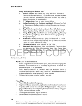 DEPED COPY
MUSIC  Quarter IV
184
Songs from Philippine Musical Plays
a. Noli Me Tangere (Buksan Mo ang Iyong mga Mata, Paalam na
Pag-ibig,Sa Muling Pagkikita, Dalawang Liham, Tatlong Sulok ng
Pag-ibig, Ang Mga Sawimpalad, Ang Multo sa Lawa, Ang Totoo ay
Totoo, Sa Bagtasan ng Mga Landas)
b. El Filibusterismo (Awit ng Isang Lawin, Aklas)
c. Andres Bonifacio: Ang Dakilang Anak-Pawis (Marangal na Dalit
ng Katagalugan, La Deportacion, Awit ng Manggagawa, Anuman
Gagawin)
d. Katy! (Balut!; Ang Entablado ay Mundo; Tale, Tale; Pahiram ng
Kanta; Tupada; Bituing Tahimik; Minsan ang Minahal ay Ako)
e. Atang - Dulang May Musika (Nasaan Ka Irog, Pakiusap, Madaling
Araw, Nabasag ang Banga (from the zarzuela Dalaging Bukid),
Masayang Dalaga)
f. Florante at Laura (Pag-ibig ay Laging May Panahon, Sa Gubat,
Prutas at Lason, Isang Basong Pag-ibig, Awit ng Lumbay ni Florante,
Ligaya ng Dibdib, Sa Loob at Labas)
g. Daragang Magayon (note: research on You Tube)
h. Magsimula Ka (Magandang Gabi, Magsimula Ka, Pangarap, Pag-
ibig, Pag-asa, May Dilim, May Liwanag, Kahit Isang Dukha, May
Langit Ding Malalasap, Buhay Disco, Sisikat Din Ako, Tanging Ikaw
Lamang, Sa Tuwing Kapiling Ka)
Enrichment Activities
Watch Live / TV Performances
1. Watch live performances of Philippine opera, ballet, and musical plays that
had been discussed in class if available in your area, or watch live
performances on TV or the internet.
2. Watch a live performance of a Western opera (ex: Rigoletto, Tosca, La
Traviata, Aida), ballet (ex: Swan Lake, Nutcracker), or a Broadwaymusical,
or watch video clips or excerpts on TV or the internet.
3. Write a reaction paper on what you have watched.
Video Clips
1. You will be divided into four groups.
2. Together with your groupmates, explore how multi-media arts can be used
to portray 20th century musical styles (Philippine opera, ballet, musical
plays, and Broadwaymusicals) through a five-minute video clip using your
digital cameras or mobile phones.
3. You may use the internet as your reference.
4. Show and discuss your video works in class.
All rights reserved. No part of this material may be reproduced or transmitted in any form or by any means -
electronic or mechanical including photocopying without written permission from the DepEd Central Office.
 