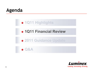 Agenda

         1Q11 Highlights

         1Q11 Financial Review

         2011 Guidance Update

         Q&A



9                                Leading. Innovating. Growing.
 