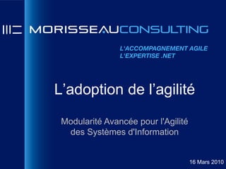 L’adoption de l’agilité
 Modularité Avancée pour l'Agilité
  des Systèmes d'Information


                                     16 Mars 2010
 