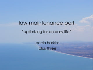 low maintenance perl
 “optimizing for an easy life”

         perrin harkins
          plus three
 