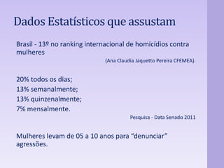 Dados Estatísticos que assustam 
Brasil - 13º no ranking internacional de homicídios contra 
mulheres 
(Ana Claudia Jaquetto Pereira CFEMEA). 
20% todos os dias; 
13% semanalmente; 
13% quinzenalmente; 
7% mensalmente. 
Pesquisa - Data Senado 2011 
Mulheres levam de 05 a 10 anos para “denunciar” 
agressões. 
 