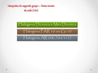 Lâmpadas do segundo grupo – baixa tensão
de rede (12v)
Halógena Dicróica e Mini Dicróica
Halogena PAR 16 ou Gz 10
Halogena AR (48, 70 e 111)
 