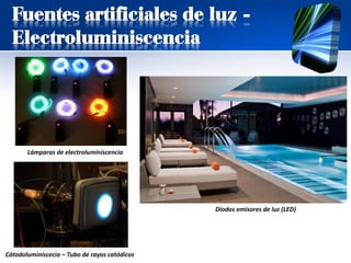 Fuentes artificiales de luz -
Electroluminiscencia
Cátodoluminiscecia – Tubo de rayos catódicos
Diodos emisores de luz (LED)
Lámparas de electroluminiscencia
 