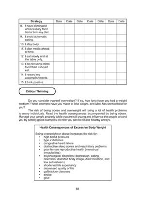 68
Strategy Date Date Date Date Date Date Date
8.	 I have eliminated
unnecessary food
items from my diet.
9.	 I avoid automatic
eating.
10.	I stay busy.
11.	I plan meals ahead
of time.
12.	I eat slowly and at
the table only.
13.	I do not serve more
food than I should
eat.
14.	I reward my
accomplishments.
15.	I think positive.
Critical Thinking
	 Do you consider yourself overweight? If so, how long have you had a weight
problem? What attempts have you made to lose weight, and what has worked best for
you?
The risk of being obese and overweight will bring a lot of health problems
to many individuals. Read the health consequences accompanied by being obese.
Manage your weight properly while you are still young and influence the people around
you by setting good examples on how you can be fit and healthy always.
Health Consequences of Excessive Body Weight
Being overweight or obese increases the risk for:
•	 high blood pressure
•	 type 2 diabetes
•	 congestive heart failure
•	 obstructive sleep apnea and respiratory problems
•	 poor female reproductive health (menstrual
irregularities)
•	 psychological disorders (depression, eating
disorders, distorted body image, discrimination, and
low self-esteem)
•	 shortened life expectancy
•	 decreased quality of life
•	 gallbladder diseases
•	 stroke
•	 gout
 