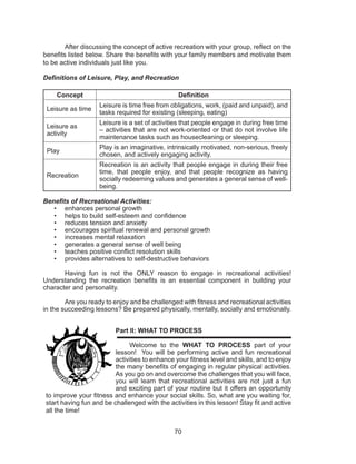 70
	 After discussing the concept of active recreation with your group, reflect on the
benefits listed below. Share the benefits with your family members and motivate them
to be active individuals just like you.
Definitions of Leisure, Play, and Recreation
Concept Definition
Leisure as time
Leisure is time free from obligations, work, (paid and unpaid), and
tasks required for existing (sleeping, eating)
Leisure as
activity
Leisure is a set of activities that people engage in during free time
– activities that are not work-oriented or that do not involve life
maintenance tasks such as housecleaning or sleeping.
Play
Play is an imaginative, intrinsically motivated, non-serious, freely
chosen, and actively engaging activity.
Recreation
Recreation is an activity that people engage in during their free
time, that people enjoy, and that people recognize as having
socially redeeming values and generates a general sense of well-
being.
Benefits of Recreational Activities:
•	 enhances personal growth
•	 helps to build self-esteem and confidence
•	 reduces tension and anxiety
•	 encourages spiritual renewal and personal growth
•	 increases mental relaxation
•	 generates a general sense of well being
•	 teaches positive conflict resolution skills
•	 provides alternatives to self-destructive behaviors
Having fun is not the ONLY reason to engage in recreational activities!
Understanding the recreation benefits is an essential component in building your
character and personality.
Are you ready to enjoy and be challenged with fitness and recreational activities
in the succeeding lessons? Be prepared physically, mentally, socially and emotionally.
Part II: WHAT TO PROCESS
	 Welcome to the WHAT TO PROCESS part of your
lesson! You will be performing active and fun recreational
activities to enhance your fitness level and skills, and to enjoy
the many benefits of engaging in regular physical activities.
As you go on and overcome the challenges that you will face,
you will learn that recreational activities are not just a fun
and exciting part of your routine but it offers an opportunity
to improve your fitness and enhance your social skills. So, what are you waiting for,
start having fun and be challenged with the activities in this lesson! Stay fit and active
all the time!
 