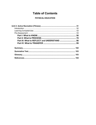 Table of Contents
PHYSICAL EDUCATION
Unit 2: Active Recreation (Fitness) ...................................................................... 51
Introduction ....................................................................................................... 52
Learning Competencies .................................................................................... 53
Pre-Assessment................................................................................................ 53
Part I: What to KNOW....................................................................... 56
Part II: What to PROCESS................................................................ 70
Part III: What to REFLECT and UNDERSTAND .............................. 96
Part IV: What to TRANSFER ............................................................ 99
Summary........................................................................................................ 102
Summative Test............................................................................................. 103
Glossary......................................................................................................... 103
References..................................................................................................... 104
 