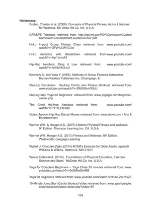 104
References:
Corbin, Charles et al. (2008). Concepts of Physical Fitness: Active Lifestyles
for Wellness. Mc Graw Hill Co. Inc. U.S.A.
GRASPS Template retrieved from: http://opi.mt.gov/PDF/CurriculumGuides/
Curriculum-Development-Guide/GRASP.pdf
Hi-Lo Impact Group Fitness Class retrieved from: www.youtube.com/
watch?v=OFpHULW4CUw
Hi-Lo Aerobics with Breakdown retrieved from:www.youtube.com/
watch?v=Yqr1bymA3
Hip-Hop Aerobics: Drop it Low retrieved from: www.youtube.com/
watch?v=iwE8xhk0LxU
Kennedy C. and Yoke Y. (2008). Methods of Group Exercise Instruction.
Human Kinetics Publishers Inc. Champaign, Il.
Step-Up Revolution: Hip-Hop Cardio Jam Fitness Workout retrieved from:
www.youtube.com/watch?v=SRJN5mVIGcU
Step-by-step Yoga for Beginners retrieved from: www.yogaglo.com/beginner-
center.php
The Grind Hip-Hop Aerobics retrieved from: www.youtube.com/
watch?v=PYHEjFb3fq0
Video: Aerobic Hip-Hop Dance Moves retrieved from: www.ehow.com › Arts &
Entertainment
Werner W.K. & Hoeger A.S. (2007) Lifetime Physical Fitness and Wellness.
9th
Edition. Thomson Learning Inc. CA. U.S.A.
Werner W.K. Hoeger A.S. (2013) Fitness and Wellness 10th
Edition.
Wadsworth, Cengage Learning
Wojtek J. Chodzko-Zajko (2014) ACSM’s Exercise for Older Adults Lipincott
Williams & Wilkins, Baltimore, MD 21201
Wuest, Deborah A. (2012) . Foundations of Physical Education, Exercise
Science and Sport. McGraw Hill Co. Inc. U.S.A.
Yoga for Complete Beginners - Yoga Class 20 minutes retrieved from: www.
youtube.com/watch?v=0o0kNeOyH98
Yoga for Beginners retrieved from: www.youtube.com/watch?v=H3vLZqPZxZE
10-Minute Jump Start Cardio Workout Video retrieved from: www.sparkpeople.
com/resource/videos-detail.asp?video=87
 