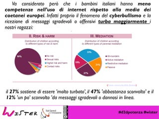#d2dpotenza #wister
(Fonte: ricerca Eu Kids Online )
il 27% sostiene di essere 'molto turbato', il 47% 'abbastanza sconvolto' e il
12% 'un po' sconvolto 'da messaggi sgradevoli o dannosi in linea.
(Fonte: ricerca Eu Kids Online )
Va considerato però che i bambini italiani hanno meno
competenze nell’uso di internet rispetto alla media dei
coetanei europei. Infatti proprio il fenomeno del cyberbullismo e la
ricezione di messaggi sgradevoli o offensivi turba maggiormente i
nostri ragazzi:
 
