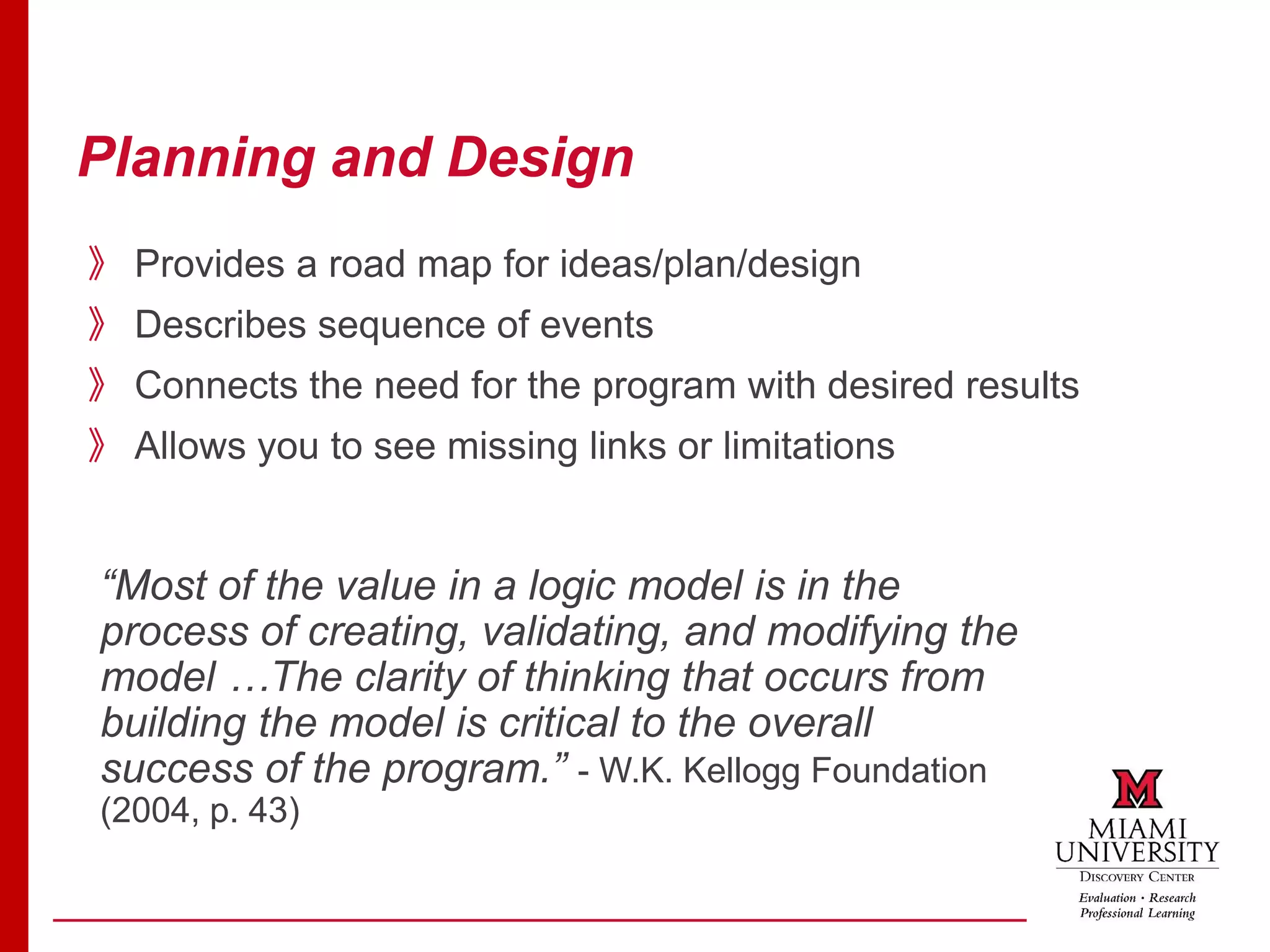 Planning and Design
》 Provides a road map for ideas/plan/design
》 Describes sequence of events
》 Connects the need for the program with desired results
》 Allows you to see missing links or limitations
“Most of the value in a logic model is in the
process of creating, validating, and modifying the
model …The clarity of thinking that occurs from
building the model is critical to the overall
success of the program.” - W.K. Kellogg Foundation
(2004, p. 43)
 