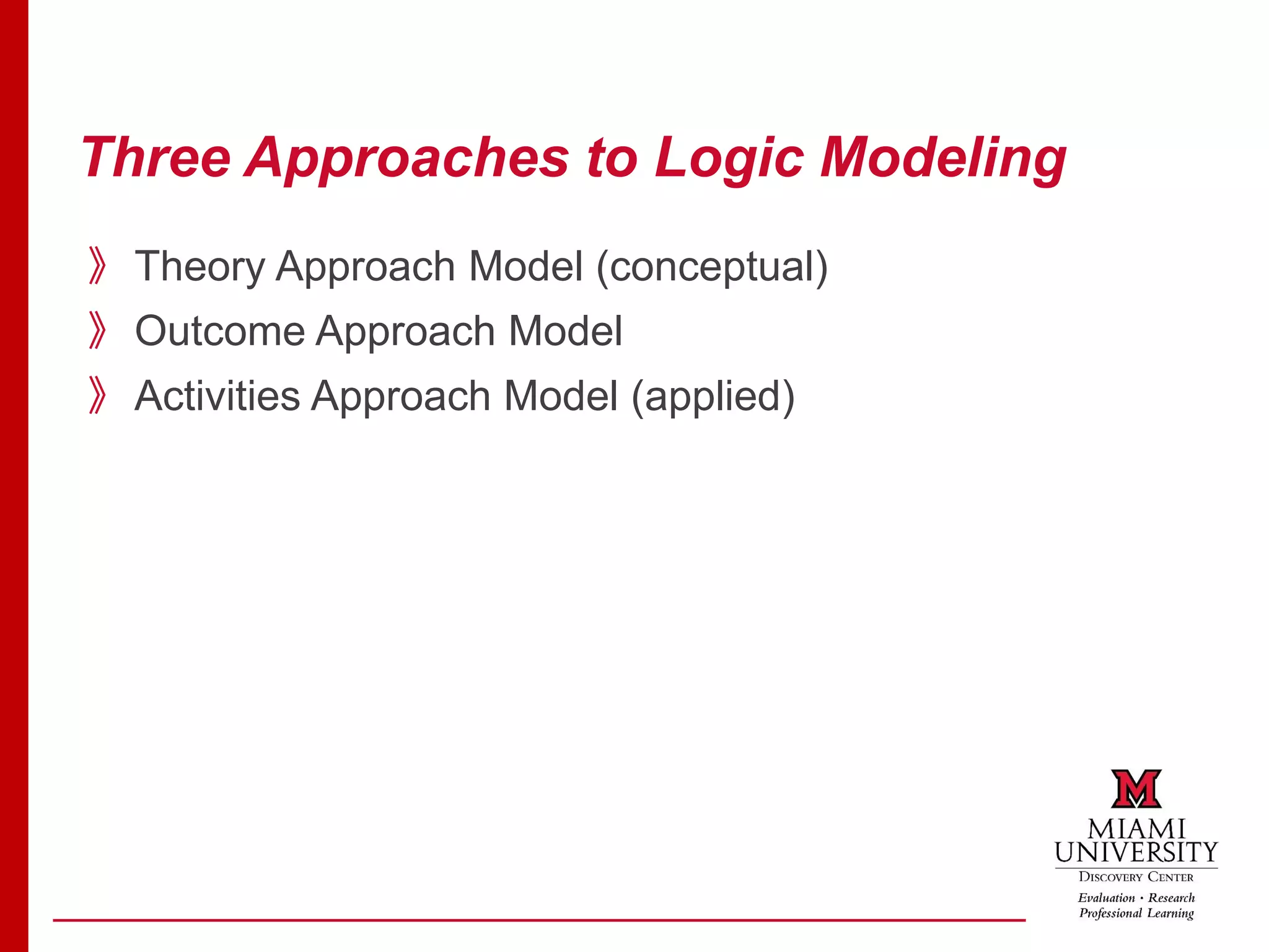 Three Approaches to Logic Modeling
》Theory Approach Model (conceptual)
》Outcome Approach Model
》Activities Approach Model (applied)
 