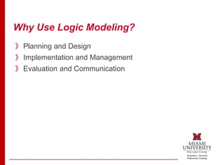 Why Use Logic Modeling?
》Planning and Design
》Implementation and Management
》Evaluation and Communication
 