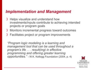 Implementation and Management
》Helps visualize and understand how
investments/inputs contribute to achieving intended
projects or program goals
》Monitors incremental progress toward outcomes
》Facilitates project or program improvements
“Program logic modeling is a learning and
management tool that can be used throughout a
program’s life . . . result(ing) in effective
programming and offering greater learning
opportunities.” - W.K. Kellogg Foundation (2004, p. 4)
 