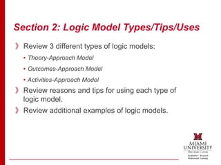 Section 2: Logic Model Types/Tips/Uses
》Review 3 different types of logic models:
• Theory-Approach Model
• Outcomes-Approach Model
• Activities-Approach Model
》Review reasons and tips for using each type of
logic model.
》Review additional examples of logic models.
 