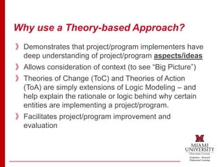 Why use a Theory-based Approach?
》Demonstrates that project/program implementers have
deep understanding of project/program aspects/ideas
》Allows consideration of context (to see “Big Picture”)
》Theories of Change (ToC) and Theories of Action
(ToA) are simply extensions of Logic Modeling – and
help explain the rationale or logic behind why certain
entities are implementing a project/program.
》Facilitates project/program improvement and
evaluation
 
