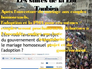 Les suites de la Loi
TaubiraAprès l'ouverture du mariage aux couples
homosexuels,
l'adoption et la PMA pources mêmes
couples seront prochainement débattues à
l'Assemblée, malgré une forte
impopularité de
projet et du
gouvernement.
 