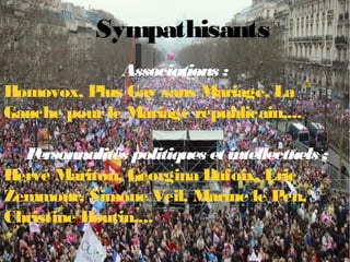 Sympathisants
Associations :
Homovox, Plus Gay sans Mariage, La
Gauche pourle Mariage républicain,...
Personnalités politiques et intellectuels :
Hervé Mariton, Georgina Dufoix, Eric
Zemmour, Simone Veil, Marine le Pen,
Christine Boutin,...
 