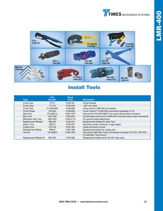 (800) TMS-COAX • www.timesmicrowave.com 29
TIMES MICROWAVE SYSTEMS
CT-U
3192-181
CT-400/300
3190-666
CST-400
3192-004
CCT-02
3192-165
RB-456
3190-421
RB-CST
3192-086
DBT-U
3192-001
ST-400C-2
3190-1972
GST-400
3190-2174
TK-400EZ
3190-1601
		 Part	 Stock	
	Type	 Number	 Code	 Description
	 Crimp Tool	 CT-U	 3192-181	 Crimp Handle
	 Crimp Dies	 Y1719	 3190-202	 .429" Hex Dies
	 Crimp Tool	 CT-400/300	 3190-666	 Crimp tool for LMR 400 connectors
	 Crimp Rings	 CR-400	 3190-830	 Crimp rings for TC/EZ-400 connectors (package of 10)
	 Strip Tool	 ST-400C-2	 3190-1972	 Prep tool for EZ-400-NMC-2 two piece clamp style connector
	 Strip Tool	 CST-400	 3192-004	 Combination prep tool for LMR-400 crimp and clamp style connectors
	 Mid-Span Strip Tool	 GST-400	 3190-2174	 For ground strap attachment
	 Replacement Blades	 RB-456	 3190-421	 Replacement blades for Strip Tool
	 Deburr Tool	 DBT-U	 3192-001	 Removes center conductor rough edges
	 Cutting Tool	 CCT-02	 3192-165	 Cable end flush cut tool
	 Replacement Blade	 RB-02	 3192-166	 Replacement blade for cutting tool
	 Tool Kit	 TK-400EZ	 3190-1601	 Tool kit for LMR-400 Crimp Connectors (includes CCT-02, CST-400,
				 CT-400/300, Tool Pouch)
Replacement Blade Kit	 RB-CST	 3192-086	 Replacement blade kit for all CST strip tools
Install Tools
LMR-400
 