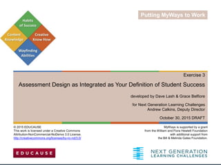 1
Exercise 3
Assessment Design as Integrated as Your Definition of Student Success
developed by Dave Lash & Grace Belfiore
for Next Generation Learning Challenges
Andrew Calkins, Deputy Director
October 30, 2015 DRAFT
MyWays is supported by a grant
from the William and Flora Hewlett Foundation
with additional support from
the Bill & Melinda Gates Foundation.
© 2015 EDUCAUSE
This work is licensed under a Creative Commons
Attribution-NonCommercial-NoDerivs 3.0 License.
http://creativecommons.org/licenses/by-nc-nd/3.0/
Putting MyWays to Work
 
