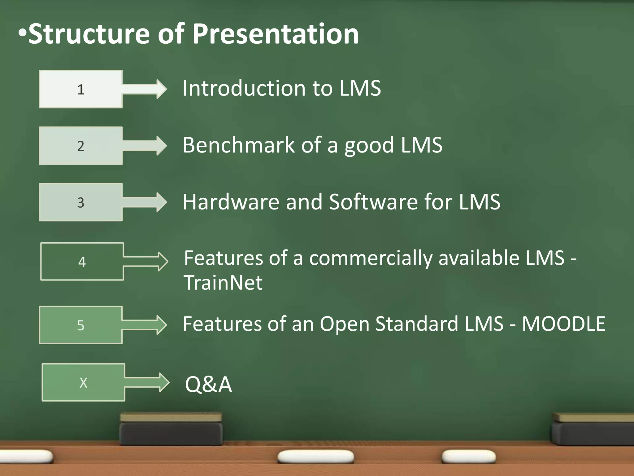 •Structure of Presentation
    1       Introduction to LMS

    2       Benchmark of a good LMS

    3       Hardware and Software for LMS

    4       Features of a commercially available LMS -
            TrainNet
    5       Features of an Open Standard LMS - MOODLE

    X       Q&A
 