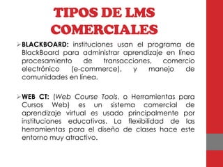 TIPOS DE LMS
         COMERCIALES
BLACKBOARD: instituciones usan el programa de
 BlackBoard para administrar aprendizaje en línea
 procesamiento    de   transacciones,   comercio
 electrónico  (e-commerce),    y    manejo     de
 comunidades en línea.

WEB CT: (Web Course Tools, o Herramientas para
 Cursos Web) es un sistema comercial de
 aprendizaje virtual es usado principalmente por
 instituciones educativas. La flexibilidad de las
 herramientas para el diseño de clases hace este
 entorno muy atractivo.
 