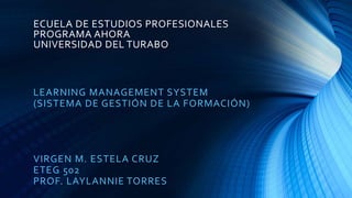 ECUELA DE ESTUDIOS PROFESIONALES
PROGRAMA AHORA
UNIVERSIDAD DEL TURABO
LEARNING MANAGEMENT SYSTEM
(SISTEMA DE GESTIÓN DE LA FORMACIÓN)
VIRGEN M. ESTELA CRUZ
ETEG 502
PROF. LAYLANNIE TORRES
 