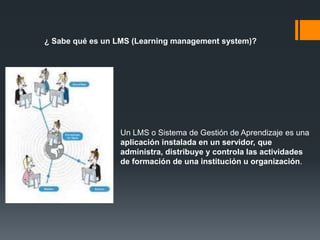 ¿ Sabe qué es un LMS (Learning management system)?
Un LMS o Sistema de Gestión de Aprendizaje es una
aplicación instalada en un servidor, que
administra, distribuye y controla las actividades
de formación de una institución u organización.
 