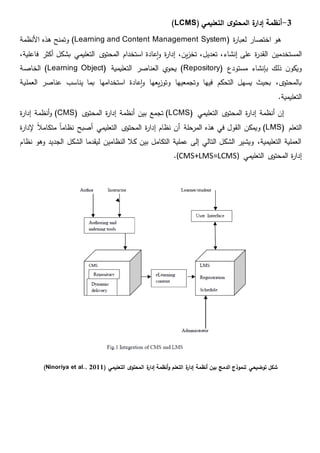 3-‫التعليمي‬ ‫ى‬‫المحتو‬ ‫ة‬‫ر‬‫إدا‬ ‫أنظمة‬(LCMS)
‫ة‬‫ر‬‫لعبا‬ ‫اختصار‬ ‫هو‬(Learning and Content Management System)‫و‬‫تمنح‬‫هذه‬‫األنظمة‬
‫المستخدمين‬‫إنشا‬ ‫على‬ ‫ة‬‫ر‬‫القد‬‫استخدام‬ ‫عادة‬‫ا‬‫و‬ ‫ة‬‫ر‬‫إدا‬ ،‫ين‬‫ز‬‫تخ‬ ،‫تعديل‬ ،‫ء‬‫فاع‬ ‫أكثر‬ ‫بشكل‬ ‫التعليمي‬ ‫ى‬‫المحتو‬،‫لية‬
‫مستودع‬ ‫بإنشاء‬ ‫ذلك‬ ‫ن‬‫ويكو‬(Repository)‫التعليمية‬ ‫العناصر‬ ‫يحوي‬(Learning Object)‫الخاصة‬
‫العملية‬ ‫عناصر‬ ‫يناسب‬ ‫بما‬ ‫استخدامها‬ ‫عادة‬‫ا‬‫و‬ ‫يعها‬‫ز‬‫وتو‬ ‫وتجمعيها‬ ‫فيها‬ ‫التحكم‬ ‫يسهل‬ ‫بحيث‬ ،‫ى‬‫بالمحتو‬
‫التعليمية‬.
‫التعليمي‬ ‫ى‬‫المحتو‬ ‫ة‬‫ر‬‫إدا‬ ‫أنظمة‬ ‫إن‬(LCMS)‫بين‬ ‫تجمع‬‫ى‬‫المحتو‬ ‫ة‬‫ر‬‫إدا‬ ‫أنظمة‬(CMS)‫ة‬‫ر‬‫إدا‬ ‫أنظمة‬‫و‬
‫التعلم‬(LMS)‫نظام‬ ‫أن‬ ‫المرحلة‬ ‫هذه‬ ‫في‬ ‫القول‬ ‫ويمكن‬‫ى‬‫المحتو‬ ‫ة‬‫ر‬‫إدا‬‫مت‬ ‫نظاما‬ ‫أصبح‬ ‫التعليمي‬‫إل‬ ‫كامال‬‫ة‬‫ر‬‫دا‬
‫نظام‬ ‫وهو‬ ‫الجديد‬ ‫الشكل‬ ‫ليقدما‬ ‫النظامين‬ ‫كال‬ ‫بين‬ ‫التكامل‬ ‫عملية‬ ‫إلى‬ ‫التالي‬ ‫الشكل‬ ‫ويشير‬ ،‫التعليمية‬ ‫العملية‬
‫التعليمي‬ ‫ى‬‫المحتو‬ ‫ة‬‫ر‬‫إدا‬(CMS+LMS=LCMS).
‫التعليمي‬ ‫ى‬‫المحتو‬ ‫ة‬‫ر‬‫إدا‬ ‫أنظمة‬‫و‬ ‫التعلم‬ ‫ة‬‫ر‬‫إدا‬ ‫أنظمة‬ ‫بين‬ ‫الدمج‬ ‫لنموذج‬ ‫توضيحي‬ ‫شكل‬(Ninoriya et al., 2011)
 
