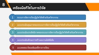 8
ระบบการจัดการเรียนรู้ยูบิควิตัสด้วยจินตวิศวกรรม1
แบบประเมินประสิทธิภาพของระบบการจัดการเรียนรู้ยูบิควิตัสด้วยจินตวิศวกรรม
แบบประเมินคุณภาพของระบบการจัดการเรียนรู้ยูบิควิตัสด้วยจินตวิศวกรรม2
3
แบบประเมินทักษะการสร้างผลงานมัลติมีเดีย4
แบบทดสอบวัดผลสัมฤทธิ์ทางการเรียน5
 