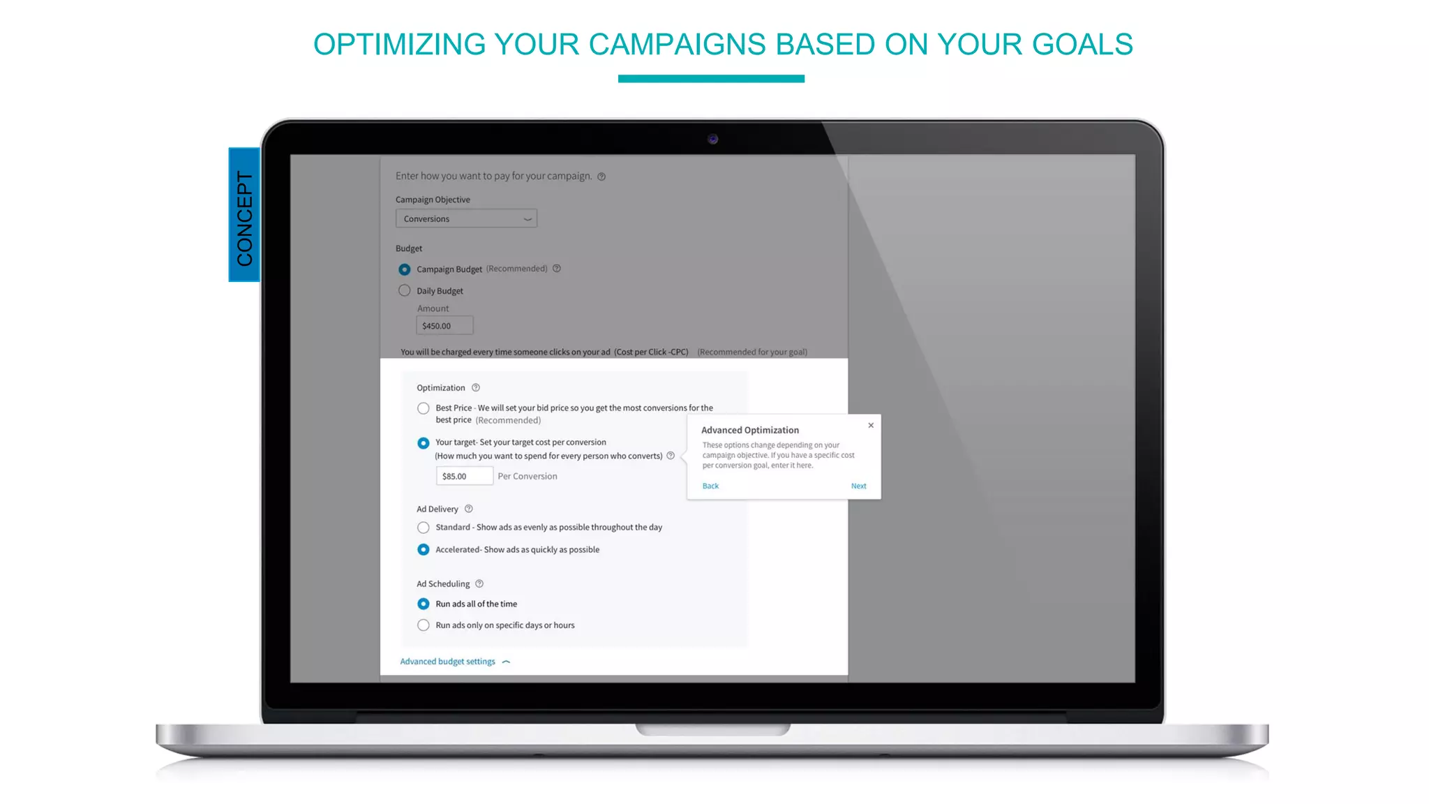OPTIMIZING YOUR CAMPAIGNS BASED ON YOUR GOALS
CONCEPT
 
