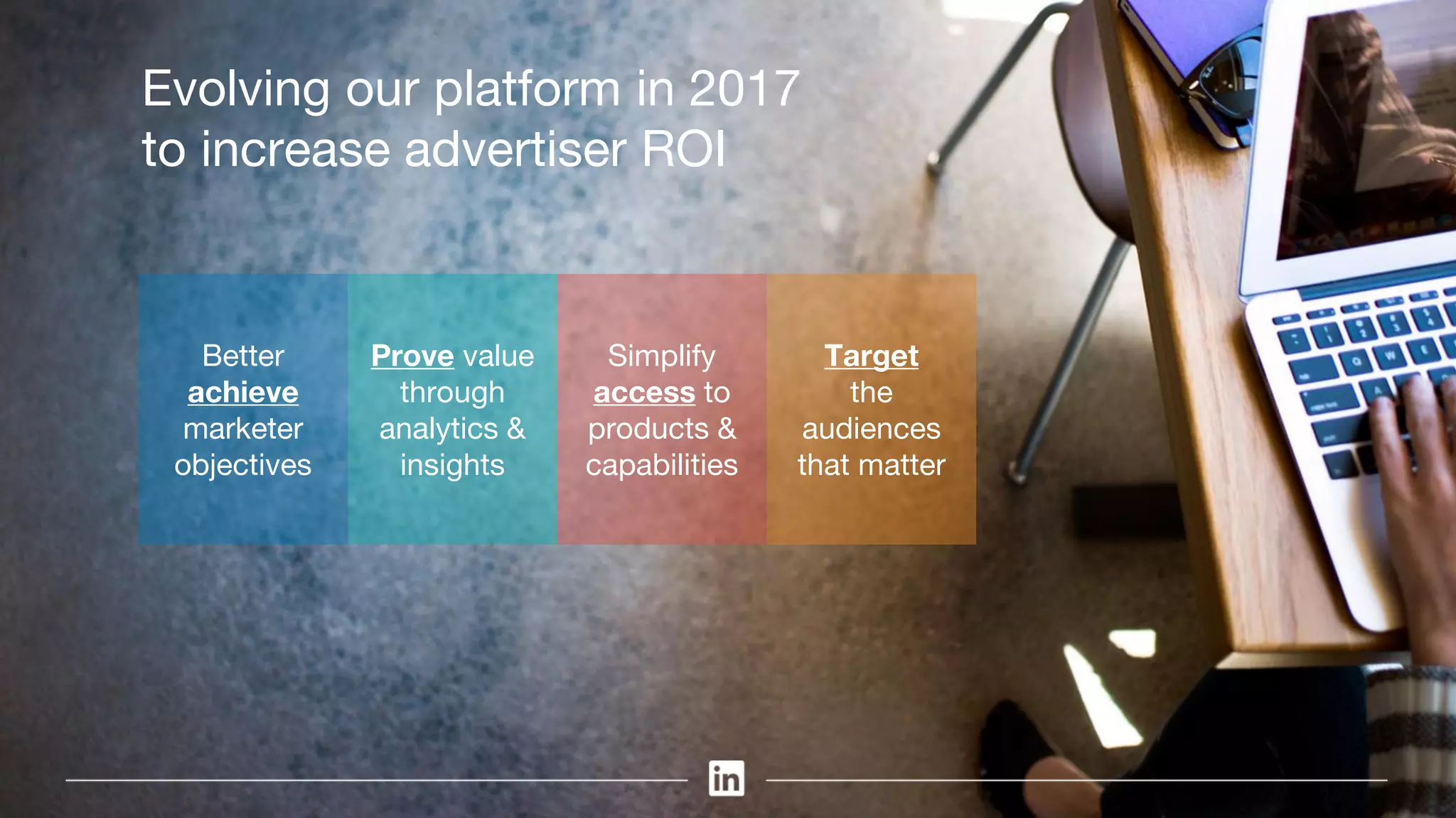 Better
achieve
marketer
objectives
Prove value
through
analytics &
insights
Simplify
access to
products &
capabilities
Target
the
audiences
that matter
Evolving our platform in 2017
to increase advertiser ROI
 