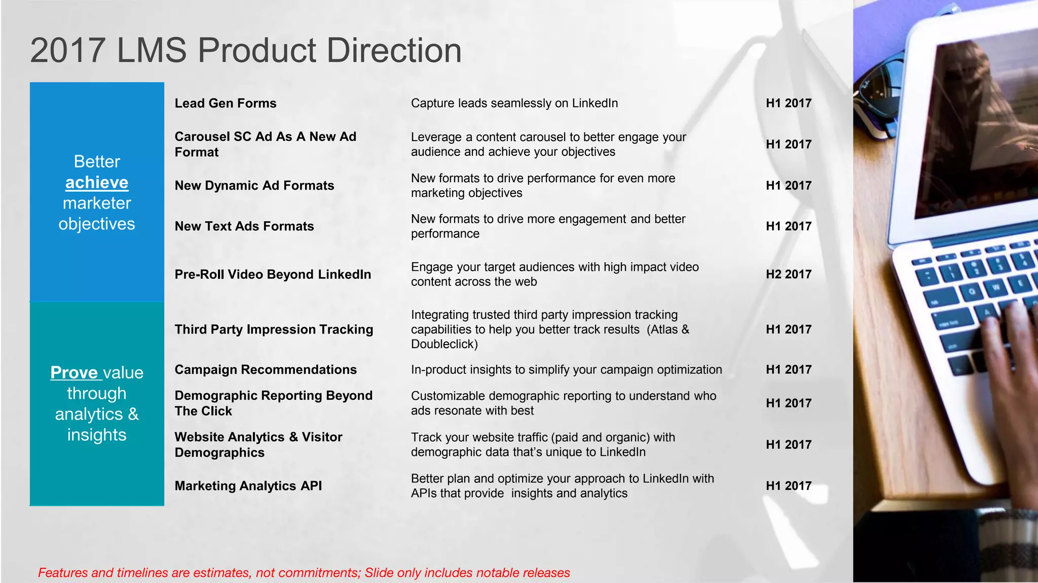 2017 LMS Product Direction
Better
achieve
marketer
objectives
Lead Gen Forms Capture leads seamlessly on LinkedIn H1 2017
Carousel SC Ad As A New Ad
Format
Leverage a content carousel to better engage your
audience and achieve your objectives
H1 2017
New Dynamic Ad Formats
New formats to drive performance for even more
marketing objectives
H1 2017
New Text Ads Formats
New formats to drive more engagement and better
performance
H1 2017
Pre-Roll Video Beyond LinkedIn
Engage your target audiences with high impact video
content across the web
H2 2017
Prove value
through
analytics &
insights
Third Party Impression Tracking
Integrating trusted third party impression tracking
capabilities to help you better track results (Atlas &
Doubleclick)
H1 2017
Campaign Recommendations In-product insights to simplify your campaign optimization H1 2017
Demographic Reporting Beyond
The Click
Customizable demographic reporting to understand who
ads resonate with best
H1 2017
Website Analytics & Visitor
Demographics
Track your website traffic (paid and organic) with
demographic data that’s unique to LinkedIn
H1 2017
Marketing Analytics API
Better plan and optimize your approach to LinkedIn with
APIs that provide insights and analytics
H1 2017
Features and timelines are estimates, not commitments; Slide only includes notable releases
 