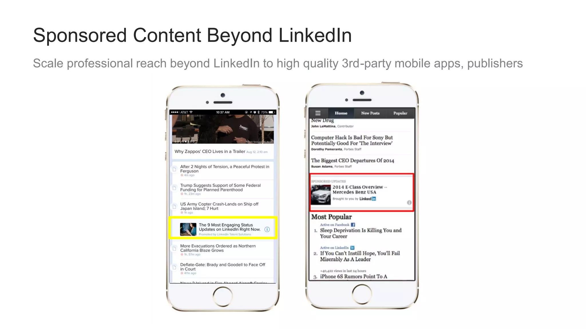 Scale professional reach beyond LinkedIn to high quality 3rd-party mobile apps, publishers
Sponsored Content Beyond LinkedIn
 