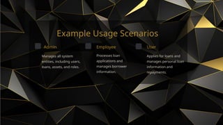 Example Usage Scenarios
Admin
Manages all system
entities, including users,
loans, assets, and roles.
Employee
Processes loan
applications and
manages borrower
information.
User
Applies for loans and
manages personal loan
information and
repayments.
 