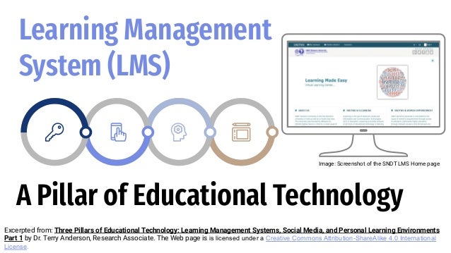 A Pillar of Educational Technology
Learning Management
System (LMS)
Excerpted from: Three Pillars of Educational Technology: Learning Management Systems, Social Media, and Personal Learning Environments
Part 1 by Dr. Terry Anderson, Research Associate. The Web page is is licensed under a Creative Commons Attribution-ShareAlike 4.0 International
License.
Image: Screenshot of the SNDT LMS Home page
 
