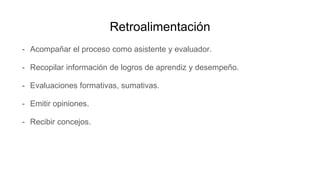 Retroalimentación
- Acompañar el proceso como asistente y evaluador.
- Recopilar información de logros de aprendiz y desempeño.
- Evaluaciones formativas, sumativas.
- Emitir opiniones.
- Recibir concejos.
 