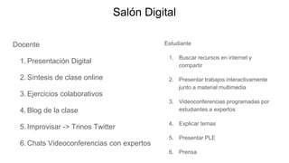 Docente
1. Presentación Digital
2. Síntesis de clase online
3. Ejercicios colaborativos
4. Blog de la clase
5. Improvisar -> Trinos Twitter
6. Chats Videoconferencias con expertos
Salón Digital
Estudiante
1. Buscar recursos en internet y
compartir
2. Presentar trabajos interactivamente
junto a material multimedia
3. Videoconferencias programadas por
estudiantes a expertos
4. Explicar temas
5. Presentar PLE
6. Prensa
 