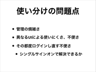 使い分けの問題点
• 管理の煩雑さ
• 異なるUIによる使いにくさ、不便さ
• その都度ログインし直す不便さ
• シングルサインオンで解決できるか

 