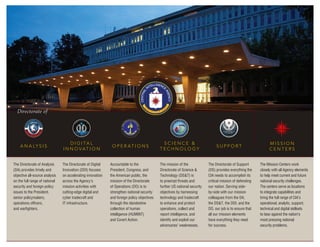 The Directorate of Analysis
(DA) provides timely and
objective all-source analysis
on the full range of national
security and foreign policy
issues to the President,
senior policymakers,
operations ofﬁcers,
and warﬁghters.
Accountable to the
President, Congress, and
the American public, the
mission of the Directorate
of Operations (DO) is to
strengthen national security
and foreign policy objectives
through the clandestine
collection of human
intelligence (HUMINT)
and Covert Action.
The Directorate of Digital
Innovation (DDI) focuses
on accelerating innovation
across the Agency’s
mission activities with
cutting-edge digital and
cyber tradecraft and
IT infrastructure.
The mission of the
Directorate of Science &
Technology (DS&T) is
to preempt threats and
further US national security
objectives by harnessing
technology and tradecraft
to enhance and protect
operations, collect and
report intelligence, and
identify and exploit our
adversaries’ weaknesses.
The Directorate of Support
(DS) provides everything the
CIA needs to accomplish its
critical mission of defending
our nation. Serving side-
by-side with our mission
colleagues from the DA,
the DS&T, the DDI, and the
DO, our job is to ensure that
all our mission elements
have everything they need
for success.
The Mission Centers work
closely with all Agency elements
to help meet current and future
national security challenges.
The centers serve as locations
to integrate capabilities and
bring the full range of CIA’s
operational, analytic, support,
technical and digital skillsets
to bear against the nation’s
most pressing national
security problems.
 