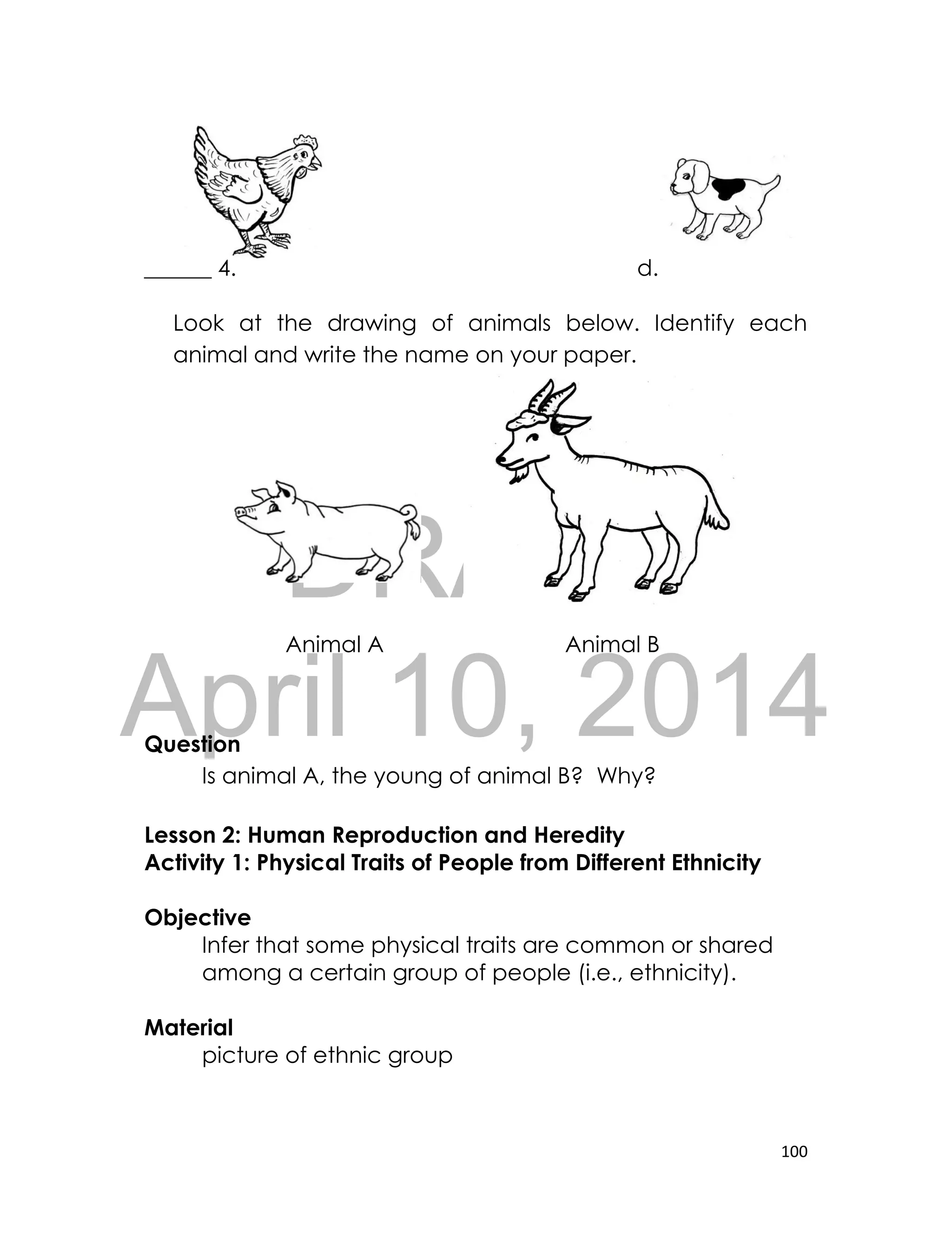 DRAFT
April 10, 2014
100
______ 4. d.
Look at the drawing of animals below. Identify each
animal and write the name on your paper.
Question
Is animal A, the young of animal B? Why?
Lesson 2: Human Reproduction and Heredity
Activity 1: Physical Traits of People from Different Ethnicity
Objective
Infer that some physical traits are common or shared
among a certain group of people (i.e., ethnicity).
Material
picture of ethnic group
Animal A Animal B
 