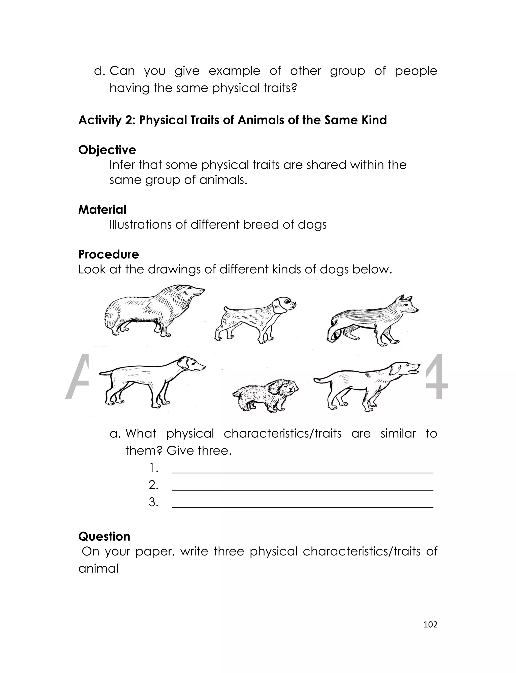 DRAFT
April 10, 2014
102
d. Can you give example of other group of people
having the same physical traits?
Activity 2: Physical Traits of Animals of the Same Kind
Objective
Infer that some physical traits are shared within the
same group of animals.
Material
Illustrations of different breed of dogs
Procedure
Look at the drawings of different kinds of dogs below.
a. What physical characteristics/traits are similar to
them? Give three.
1. ___________________________________________
2. ___________________________________________
3. ___________________________________________
Question
On your paper, write three physical characteristics/traits of
animal
 