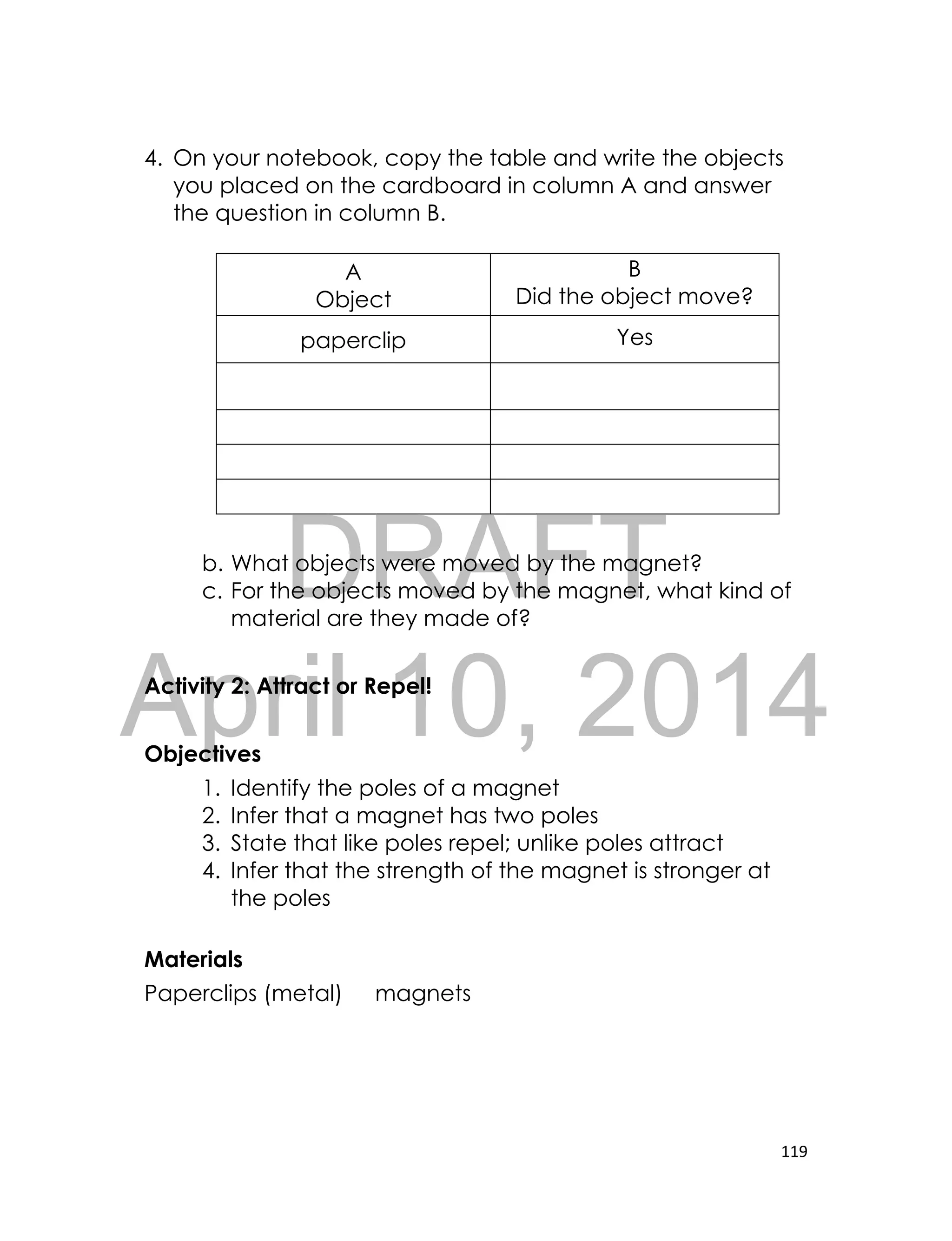 DRAFT
April 10, 2014
119
4. On your notebook, copy the table and write the objects
you placed on the cardboard in column A and answer
the question in column B.
A
Object
B
Did the object move?
paperclip Yes
b. What objects were moved by the magnet?
c. For the objects moved by the magnet, what kind of
material are they made of?
Activity 2: Attract or Repel!
Objectives
1. Identify the poles of a magnet
2. Infer that a magnet has two poles
3. State that like poles repel; unlike poles attract
4. Infer that the strength of the magnet is stronger at
the poles
Materials
Paperclips (metal) magnets
 