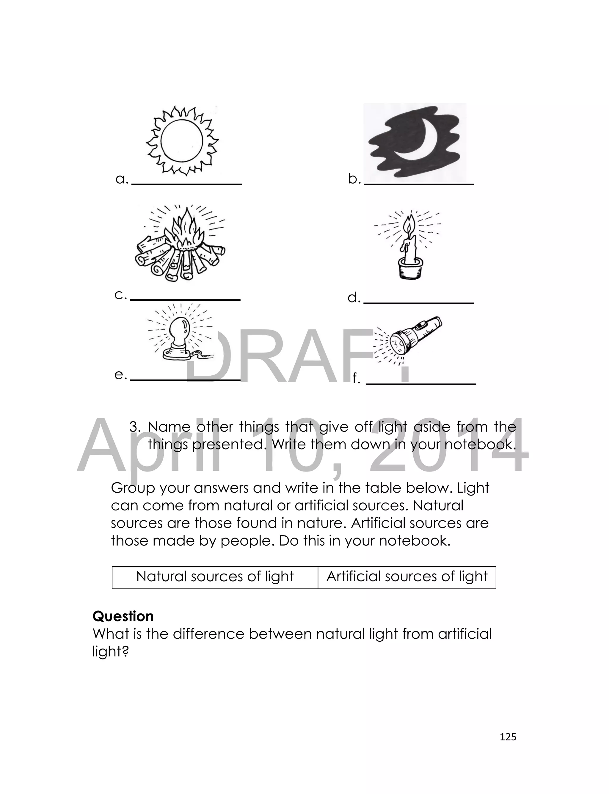 DRAFT
April 10, 2014
125
3. Name other things that give off light aside from the
things presented. Write them down in your notebook.
Group your answers and write in the table below. Light
can come from natural or artificial sources. Natural
sources are those found in nature. Artificial sources are
those made by people. Do this in your notebook.
Question
What is the difference between natural light from artificial
light?
Natural sources of light Artificial sources of light
a. b.
c. d.
e. f.
 